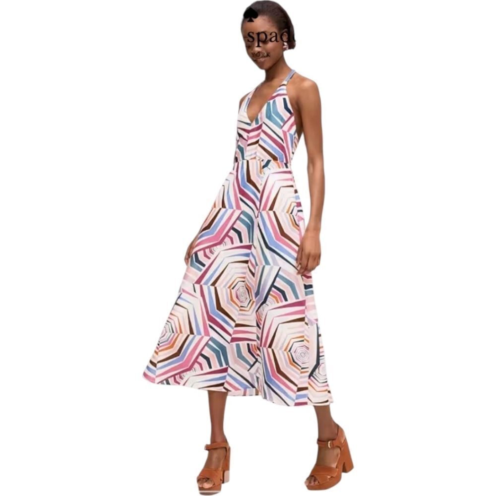 NWT Kate Spade Dress Geobrella Silk Linen Halter Multicolor A Line 6 - Picture 2 of 13